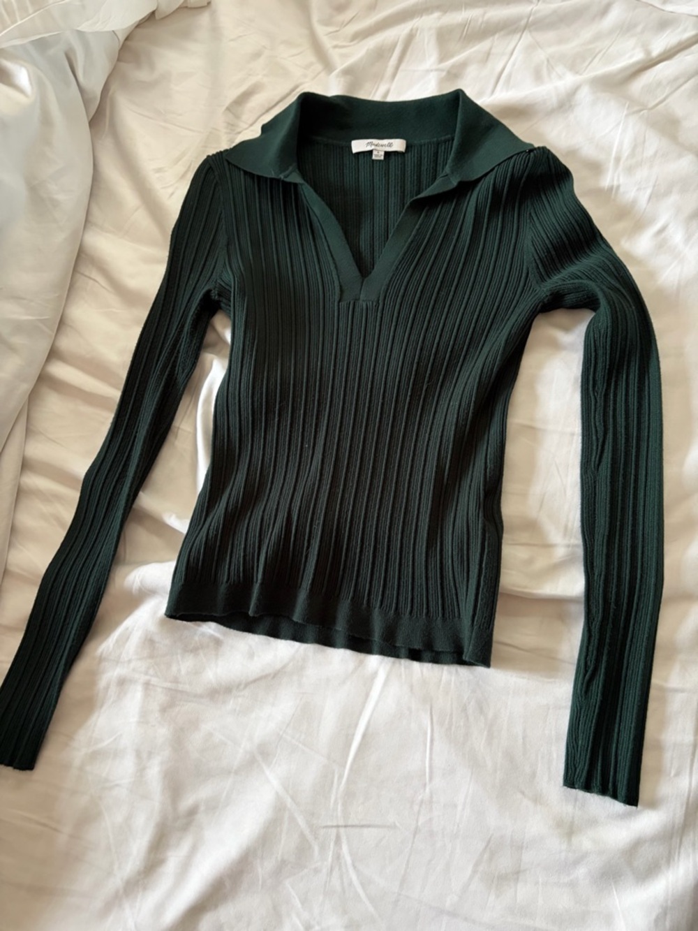 Madewell Forest Green Ribbed Knit Top with Collar